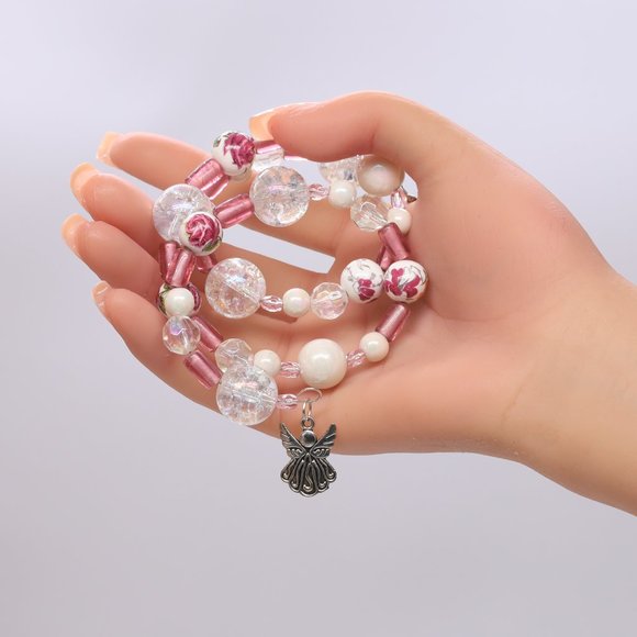 Three piece necklace set with painted beads, Crystals and Pearl beads. - Picture 7 of 9